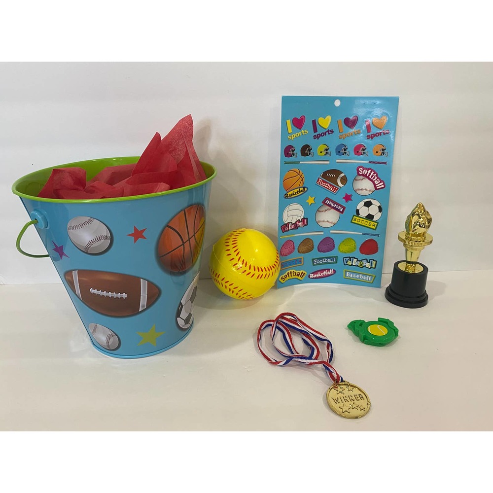 Filled Softball Easter Basket Sports Metal Bucket Trophy Medal Stickers Game Toy
